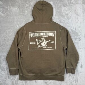 True Religion Mens World Tour Buddha Zip Hoodie Brown Contrast Stitch Y2K 3XL